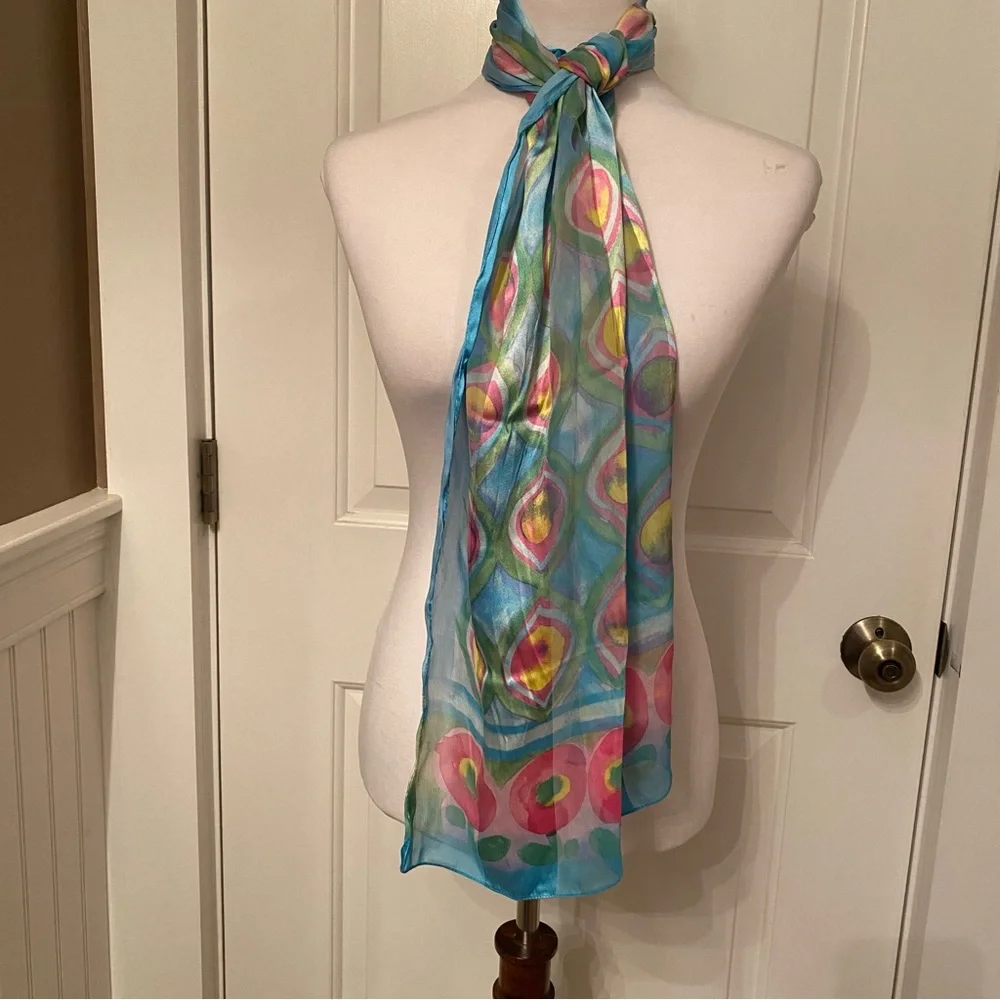 D’ESTE SCARF SILK ITALY BLUE PINK YELLOW GREEN FLORAL LONG RECTANGLE
